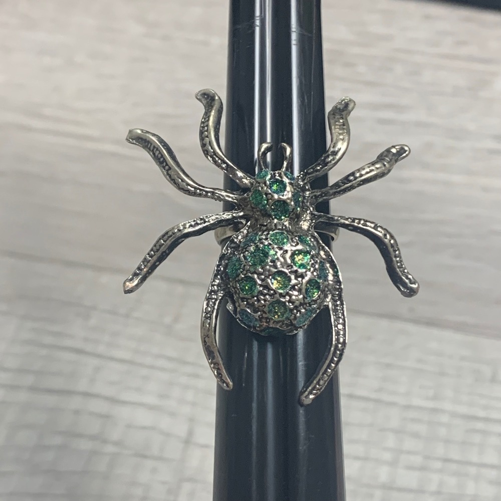 Gothic Spider Adjustable Ring Silver Tone Green Glitter Statement Jewelry